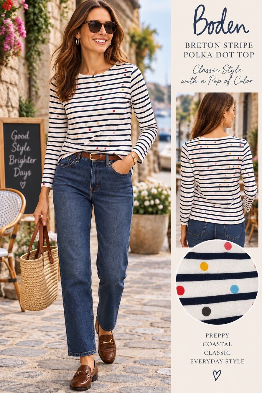 Dopamine Dressing Boden Breton Stripe Polka Dot Long Sleeve Top Multicolor US 6